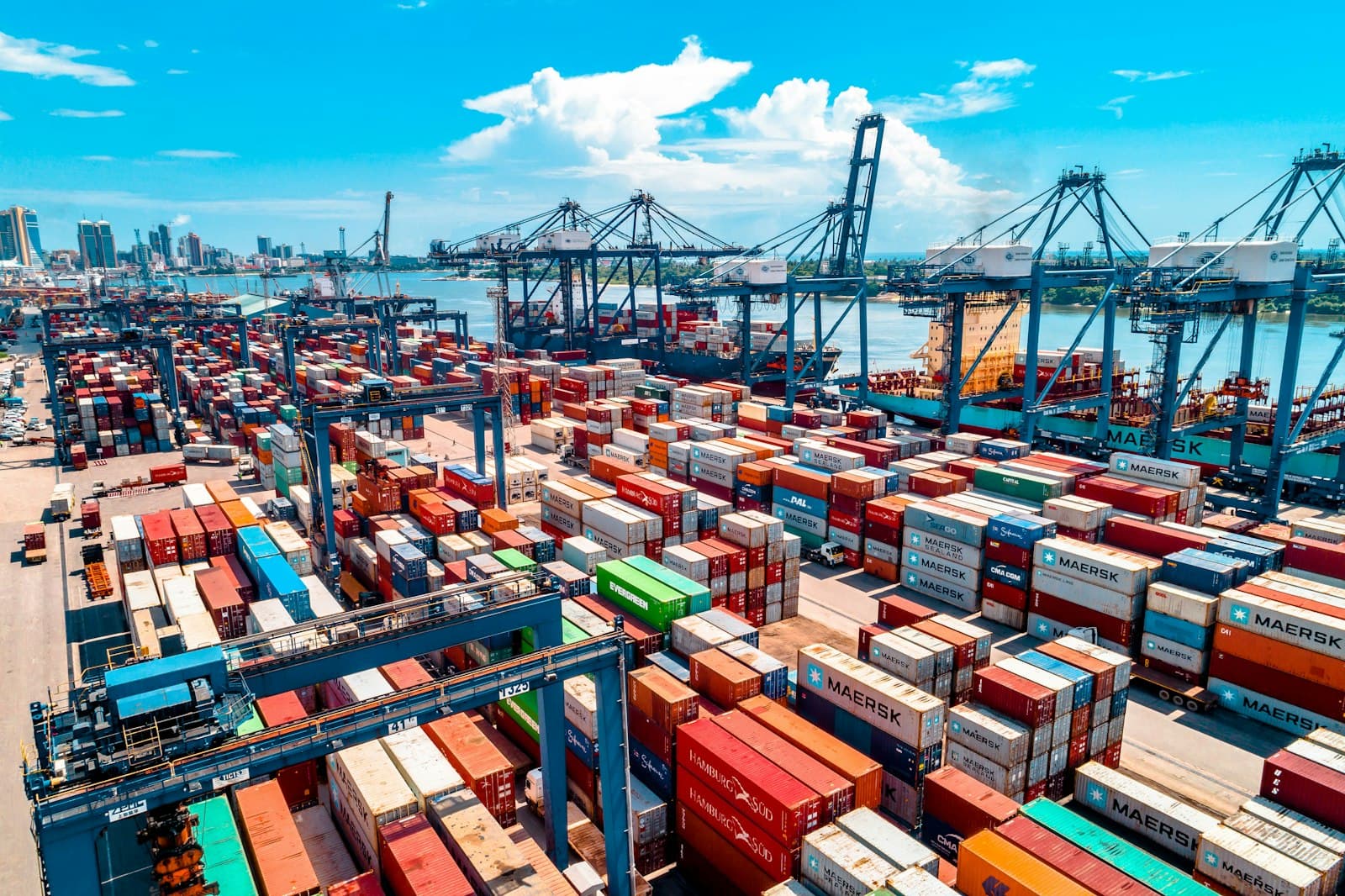 Shipping containers stacked at a port terminal