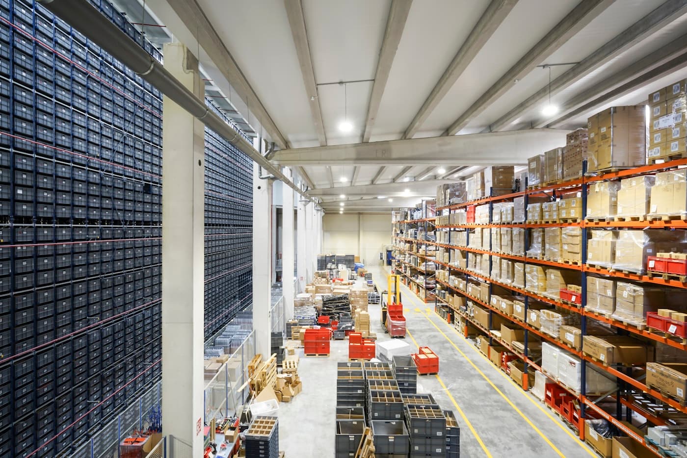 Boxed inventory stacked in a distribution warehouse